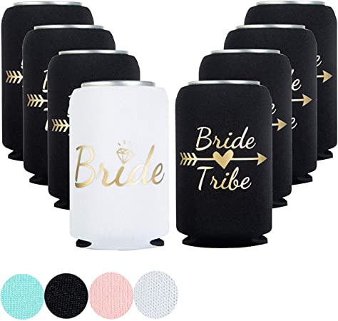 Bride and Bride Tribe Can Coolers Sleeves,Set of 8 Bottle Cover,Neoprene Beer Cans Insulators Beach Bachelorette Bridal Shower Wedding Party Supplies Favors