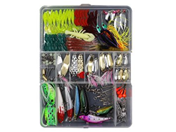 Threemart Fishing Lure Set Including Spoon Lures,Soft Plastic Lures,Popper,Crank,Rattlin,Spinnerbaits and More