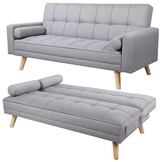 Yaheetech Fabric Padded Sofabed 3 Seater Durable Hardwood Frame,3 Inclining Positions Convertible Sofa Settee with Armrests and 2 Cushions for Living Room,Grey