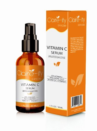 Claire-ity Skincare 25 Vitamin C Serum with Hyaluronic Acid and Vitamin E Best Organic Anti-Aging Serum for Face 1 fl oz