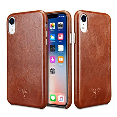 iPhone XR Case FRIFUN Genuine Leather Hard Back Case Thin Fit Snap Case Excellent Grip for iPhone XR Case 6.1 inch Case (Dark Brown)