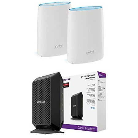 NETGEAR Orbi High-performance AC3000 Tri-band Mesh WiFi System (RBK50) with NETGEAR CM700 32x8 Cable Modem DOCSIS 3.0 Max Download Speeds of 1.4Gbps. Certified for Time Warner Cable,Charter,and more