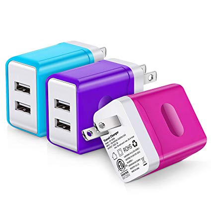 USB Wall Charger, Charger Plug, Magic-T 3Pack 3.0A Dual USB Wall Charger USB Plug Wall Adapter Charger Cube Compatible iPhone iPad,Samsung Galaxy,Moto,Google Pixel,Nexus,LG,HTC,Tablet-Blue Purple Rose