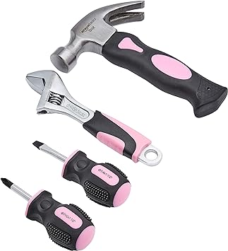 Amazon Basics 4-Piece Stubby Tool Set with Hammer, Screwdrivers and Adjustable Wrench - Pink