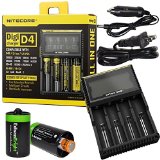 Nitecore D4 smart Charger 2015 version with LCD display For Li-ion IMR LiFePO4 26650 22650 18650 17670 18490 17500 18350 16340 RCR123 14500 10440 Ni-MH And Ni-Cd AA AAA AAAA C Rechargeable Batteries with Ac and 12V DC Car power cords 2 x EdisonBright AA to D type battery spacerconverters