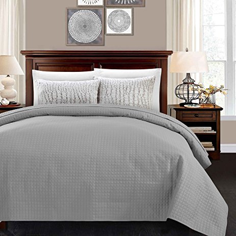 ALPHA HOME Quilted Bed Quilt Bedspread Coverlet Bed Cover Light Weight Luxury Checkered Pattern - Grey, King