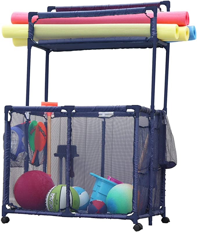 Essentially Yours Pool Noodles Holder, Toys, Floats, Balls and Floats Equipment Mesh Rolling Double Decker Multi Use Storage Organizer Bin, 37"L x 24"W x 55"H, XXL, BlueMesh/Blue PVC