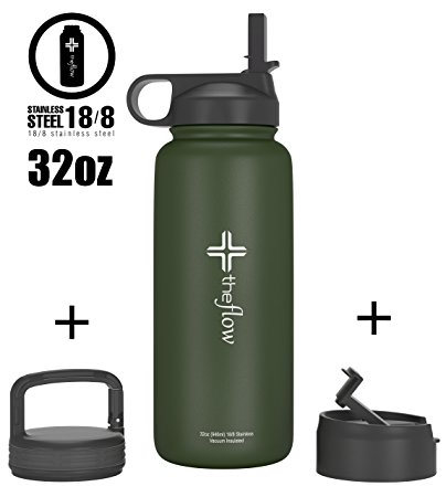 the flow Stainless Steel Water Bottle Double Walled/Vacuum Insulated - BPA/Toxin Free - Wide Mouth with Straw Lid, Carabiner Lid and Flip Lid, 32 oz.(1 Liter)