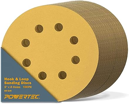 POWERTEC 44006G-50-P2 5 Inch 8 Hole Hook and Loop Sanding Discs, 60 Grit, 100 PK, Sandpaper for Ramdom Orbital Sanders, Air Sander, Pneumatic Sander, Auto Body Shop