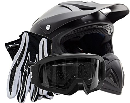 Adult Offroad Helmet Goggles Gloves Gear Combo DOT Motocross ATV Dirt Bike MX Flat Matte Black ( Large )