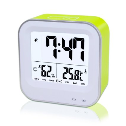 Digital Alarm Clock Rechargeable, Samshow Digital Clock with Temperature, Humidity, Week 12/24h Display, Snooze, Sensor Backlight (Green, Built-IN Battery)