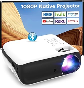 Projector, Native 1080P Bluetooth Projector with 100''Screen, 9500L Portable Outdoor Movie Projector Compatible with Smartphone, HDMI,USB,AV,Fire Stick, PS5-Grey