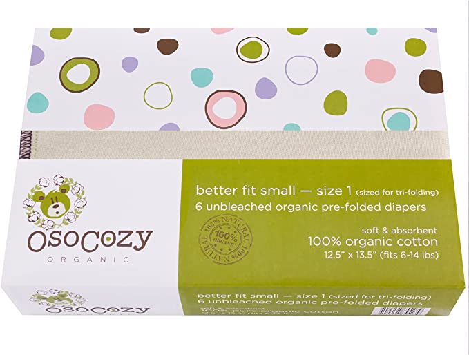 OsoCozy Organic Cotton Prefold Cloth Diapers Better Fit Small 4x8x4 Layering (6pk) - Super-soft, Thick, Absorbent, Durable and Ecologically Friendlier. Unbleached Natural Color, Fits 6-14 lbs