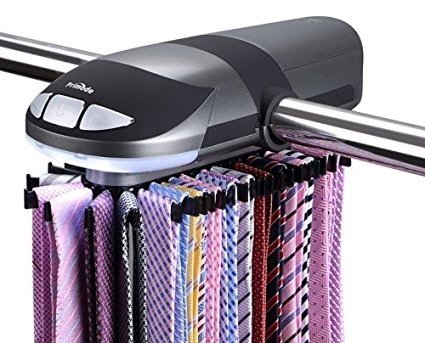 Primode Motorized Tie Rack With LED Lights - Closet Organizer, Stores & Displays Up To 50 Ties Or Belts, Rotation operates with batteries. Great Gift Idea