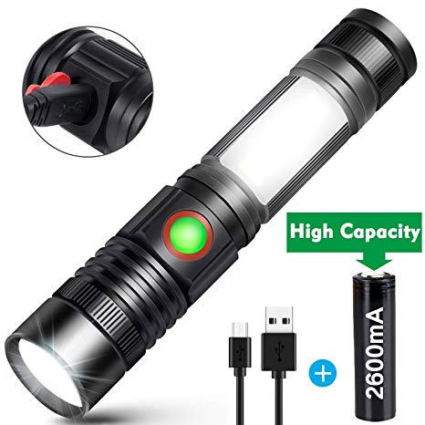 LED Torch USB Rechargeable Torch Super Bright COB Work Torches Workshop Flashlight (Including 18650 Battery) Small Lightweight Walking Powerful Tactical Torch for Outdoor Camping Hiking Sports
