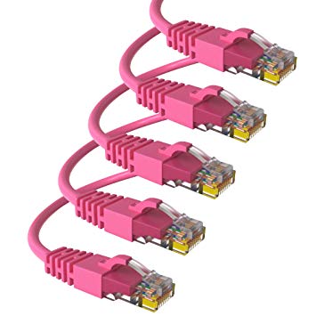 Maximm Cat6 Snagless Ethernet Cable - 0.6 Foot - Pink - [5 Pack] - Pure Copper - UL Listed - Cable Ties Included