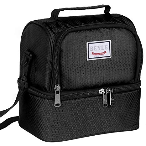 Lunch Box, Beyle Insulated Lunch Bag for Men & Women Kid, Mens Large Refrigerated Lunch Box Cooler Tote Bag, Double Deck Cooler (Black)