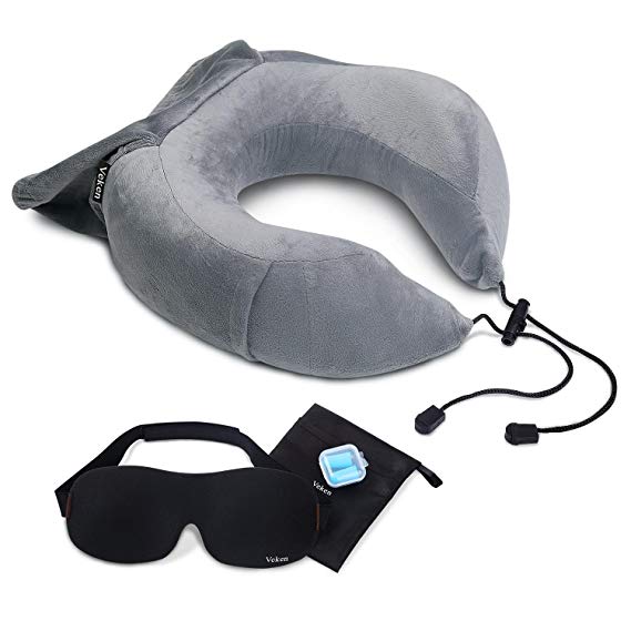 Veken Neck Travel Pillow for Airplane Train Car, Memory Foam Foldable U Shaped Chin Support Pillow, Travel Kit with Free Sleeping Mask and Earplugs