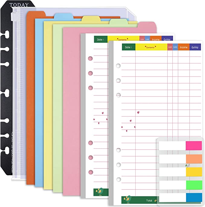 Rancco A6 Budget Planner Refill Paper, 90 Pages Colorful 6-Ring Binder Expense Tracker Inner Page Financial Planner w/Binder Divider, Pouch, Ruler, Index Tab for Budgeting Book, Double-sided,6.9x3.7"