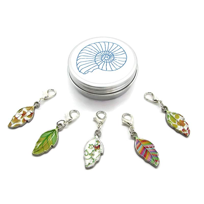 Colourful Leaves Stitch Markers Set - five clip-on charms for crochet, knitting, planners or phones