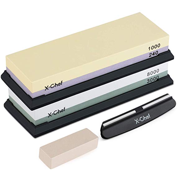 X-Chef Knife Sharpening Stone Set of 2, 3000/8000 and 240/1000, 2 Side Grit with an Angle Guide, 2 Nonslip Rubbers and a Flattening Stone