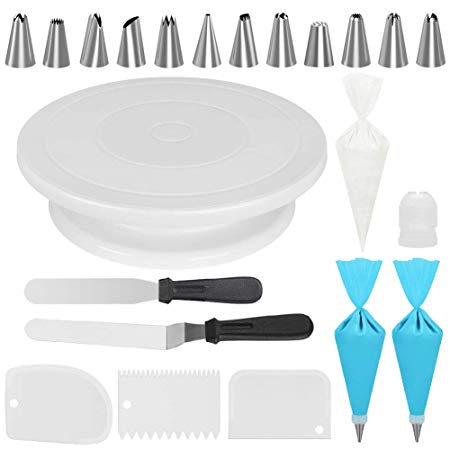 Kootek Cake Decorating Kits Supplies with Cake Turntable, 12 Cake Decorating Tips, 2 Icing Spatula, 3 Icing Smoother/Scrapers, 2 Silicone Reusable Piping Bag, 50 Disposable Pastry Bags and 1 Coupler