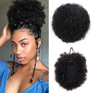 ForQueens Synthetic Curly Hair Ponytail African American Short Afro Kinky Curly Wrap Drawstring Puff Ponytail Hair Extensions Wig with 2 Clips(#1B)