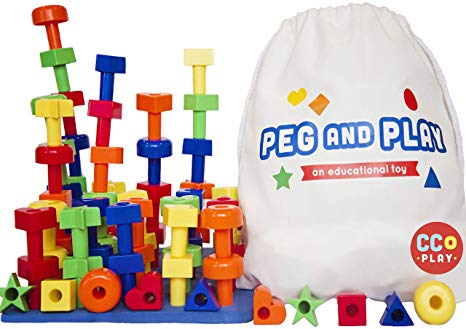 CC O PLAY 50pc Peg Board Stacking Toy for Toddlers - Montessori Educational Building Shapes for Preschoolers - Early Learning Set for Fine Motor Skills - Ebook Pegboard Pattern Cards/Games-Tote Bag