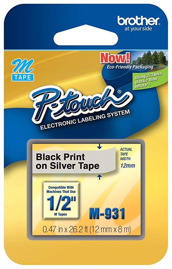 Brother Genuine P-touch M-931 Tape, 1/2" (0.47") Wide Standard Non-Laminated Tape, Black on Silver, Recommended for Home and Indoor Use, 0.47" x 26.2' (12mm x 8M), Single-Pack, M931
