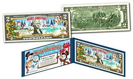 MERRY CHRISTMAS * SNOWMAN * XMAS OFFICIAL Genuine Legal Tender U.S. $2 Bill