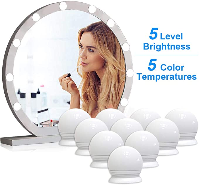 VIPMOON® Vanity Mirror Lights, 5m USB Cable Hollywood Mirror Lights, 5 Lights Modes 3200K-6500K, 10 Dimmable Bulbs LED Makeup Light Adjustable 5 Brightness Modes [Energy Class A ]
