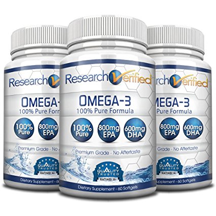 Research Verified Omega-3 - 100% Pure Premium Omega 3 - 3 Months Supply - 800mg EPA & 600mg DHA - Pharmaceutical Grade - No Aftertaste - 1500mg - 365 Day 100% Money Back Guarante!