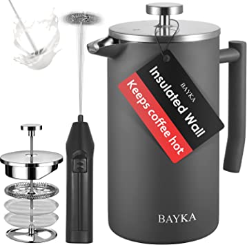 BAYKA French Press Coffee Tea Maker 34oz, 304 Stainless Steel Insulated Coffee Press with 4 Filter Screens, Milk Frother, Rust-Free, Dishwasher Safe, Grey