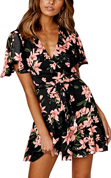 Angashion Women's Floral Short Sleeve Wrap V Neck Ruffle Mini Dress with Belt