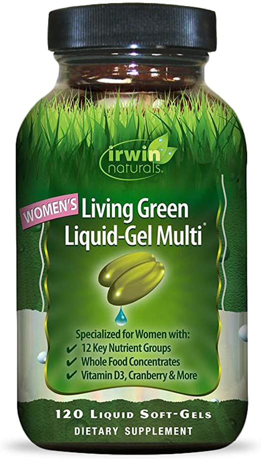 Irwin Naturals Women's Living Green Liquid-Gel Multi Vitamin - 70 Essential Nutrients, Full-Spectrum Vitamins, Wholefood Blend - Targeted Adrenal & Brain Support - 120 Liquid Softgels