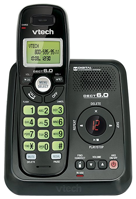 Vtech Dect 6.0 Single Handset Cordless Phone System with Digital Answering Machine and Green Backlit Keypad and Display (CS6124-11)