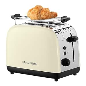 Russell Hobbs Colours Plus 2 Slice Toaster | 1600W Stainless Steel, Cream | Extra Wide Toast Slots, Including Bun Attachment | 6 Browning Levels   Defrost Function, Lift & Look Function | 26551-56