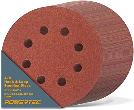 POWERTEC 45000, 100 Pack, 5"x 8 Holes, A/O Hook & Loop Sanding Disc | 40, 80, 120, 220, 320 Assorted Grits, Red