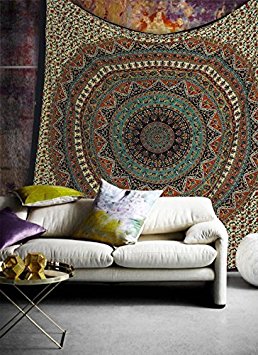 Popular Handicrafts Hippie Mandala Bohemian Psychedelic Intricate Floral Design Indian Bedspread Magical Thinking Tapestry 84x90 Inches,(215x230cms) Green orrange