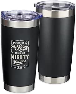 Christian Art Gifts Stainless Steel Double-Wall Vacuum Insulated Travel Mug 18 oz Matte Black Tumbler with Lid for Men Inspirational Bible Verse - Strong in the Lord - Eph. 6:10