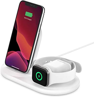 Belkin WIZ001auWH Belkin 3-in-1 Wireless Charger (7.5W Wireless Charging Station for iPhone, Apple Watch and AirPods) Wireless Charging Dock, iPhone Charging Dock, Apple Watch Charging Stand, White