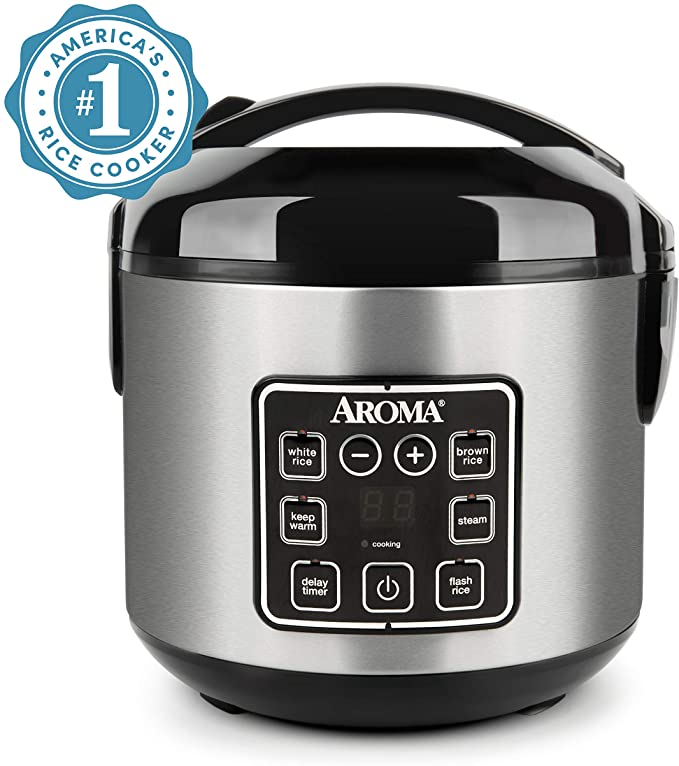 Aroma 8 Cup Stainless Steel Cool Touch Digital Rice/Multicooker/Food Steamer, Black