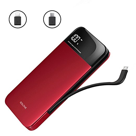 Solove 20000mAh Power Banks Portable Charger Built-in Cable Lightning Adapter Dual Output External Battery Pack with LED Display for iPhone, Android Phones,Different Electronic Devices (Red)