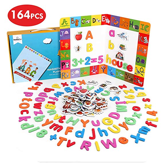 Beebeerun Magnetic Letters and Numbers for Toddlers,Includes Alphabet Magnets   Matching A-Z Objects / ABC Magnets, Numbers and Board,Educational Toy for Preschool Learning, Spelling, Counting