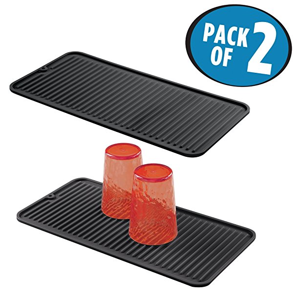 mDesign Mini Silicone Dish Drying Mat for Kitchen Countertop - Pack of 2, Black