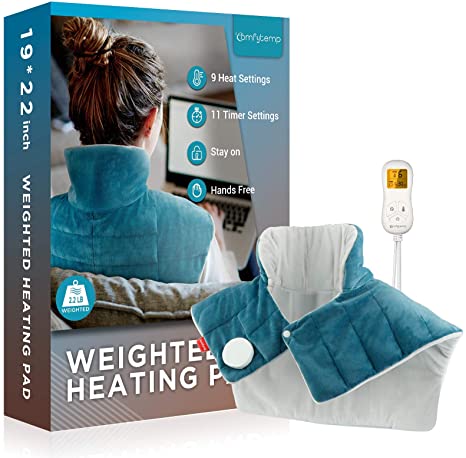 Weighted Heating Pad for Neck and Shoulders, Comfytemp 2.2lb Large Electric Heated Neck Shoulder Wrap for Pain Relief - 9 Heat Settings, 11 Auto-Off with Countdown, Stay on, Backlight - 19"x22"