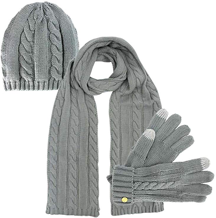 Cable Knit 3 Piece Beanie Hat Texting Gloves & Matching Scarf Set