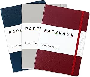 PAPERAGE Lined Journal Notebooks, 3 Pack, (Burgundy, Light Grey, Navy), 160 Pages, Medium 5.7 inches x 8 inches - 100 GSM Thick Paper, Hardcover