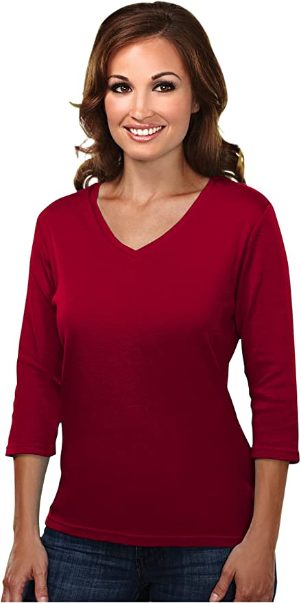 Tri-Mountain Women's 100% Cotton V-Neck 3/4 Sleeve Knit Shirt - 131 Mystique