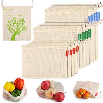 SUPERKIT Produce Bags 12pcs Cotton Produce Bags with Gift Bag for Grocery Shopping and Storage with Tare Weight on Tags Reusable-Produce-Bags-Eco-Friendly (4S,4M,4L)